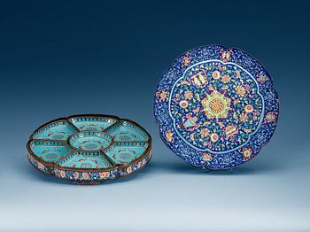 An enameled box and cover with a seven-piece cabaret, Qing dynasty, 18th Century.