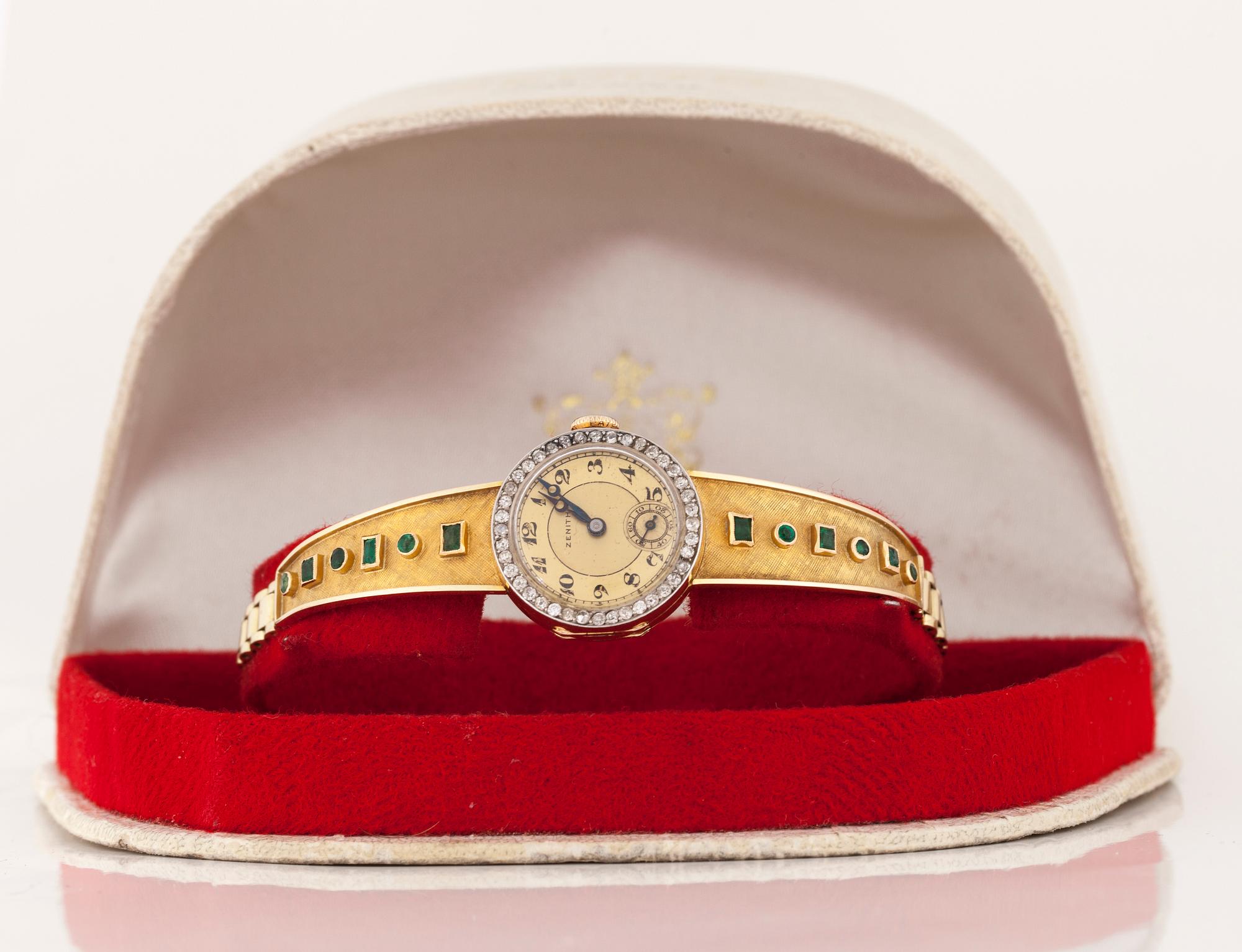 ARMBANDSUR, dam, Zenith Precision, 14K guld, diamanter, smaragder. Vikt tot. 20,7 g.