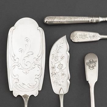 CUTLERY, 7 pcs, and CUP, silver, Russia, including St. Petersburg 1891.