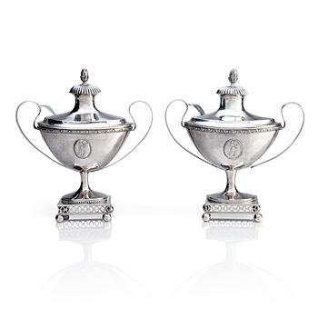 387. Two Swedish early 19th century Gustavian silver sugar-bowls with lids, mark of Anders Risén and Sven Pihlgren.