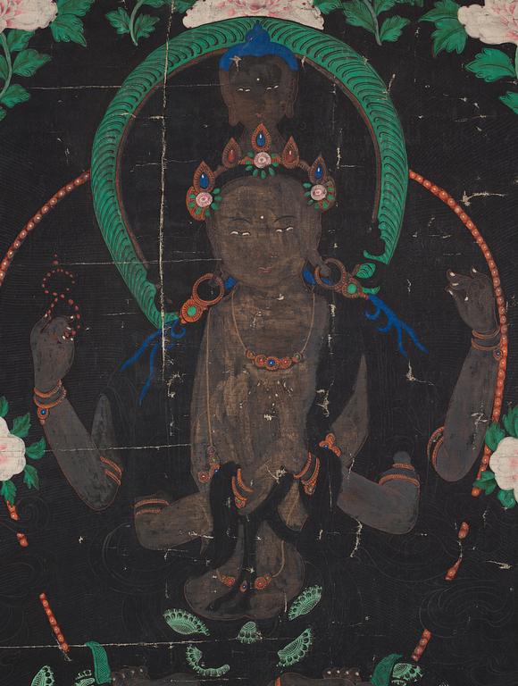 THANGKA, färg på duk. Tibet, omkring 1900.