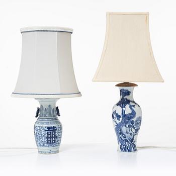 A set of two blue and white Chinese vases made in to lamps, late Qing dynasty, circa 1900.