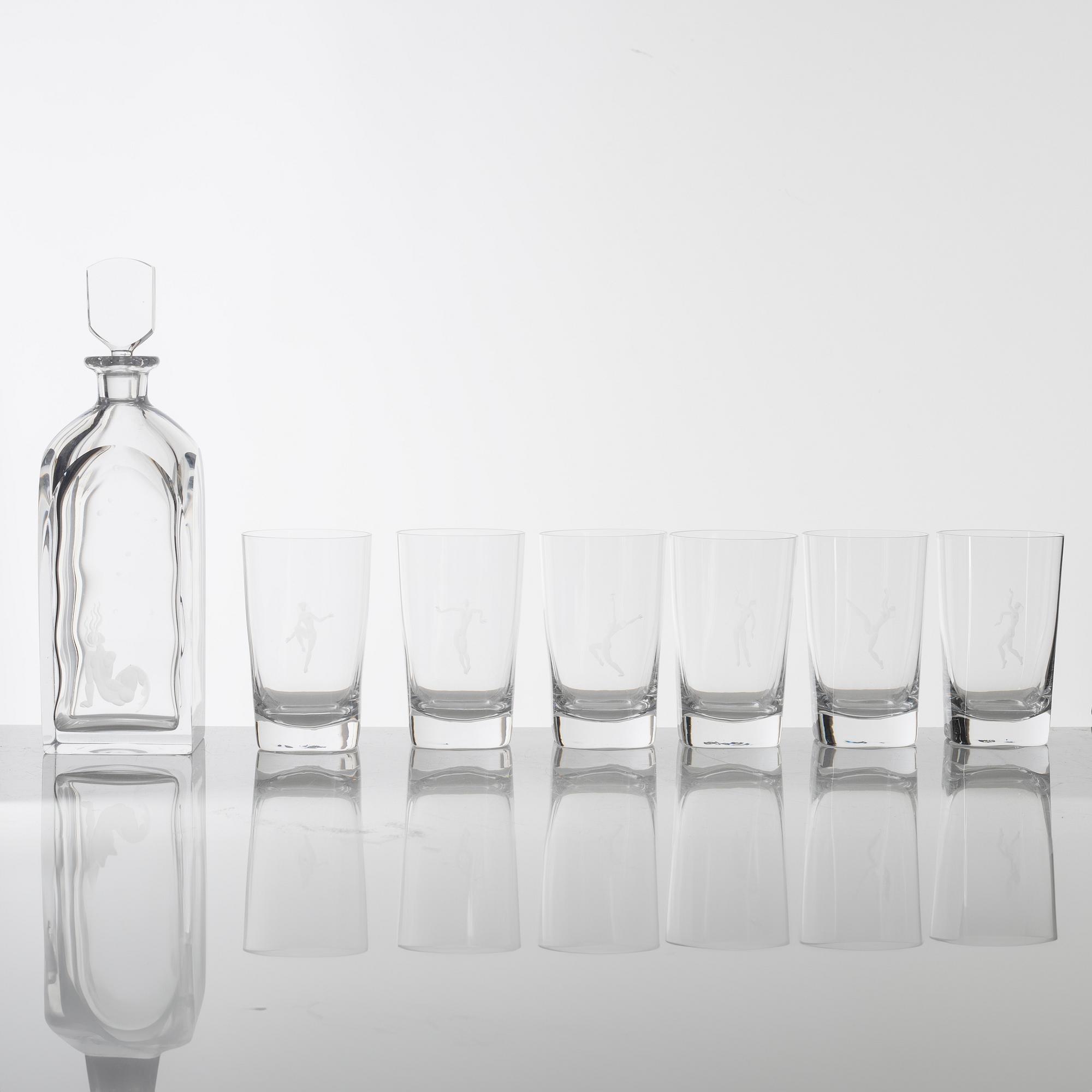 Vicke Lindstrand and Nils Landberg, a glass decanter with stopper and six glasses, Orrefors, Sweden 1940s-50s.