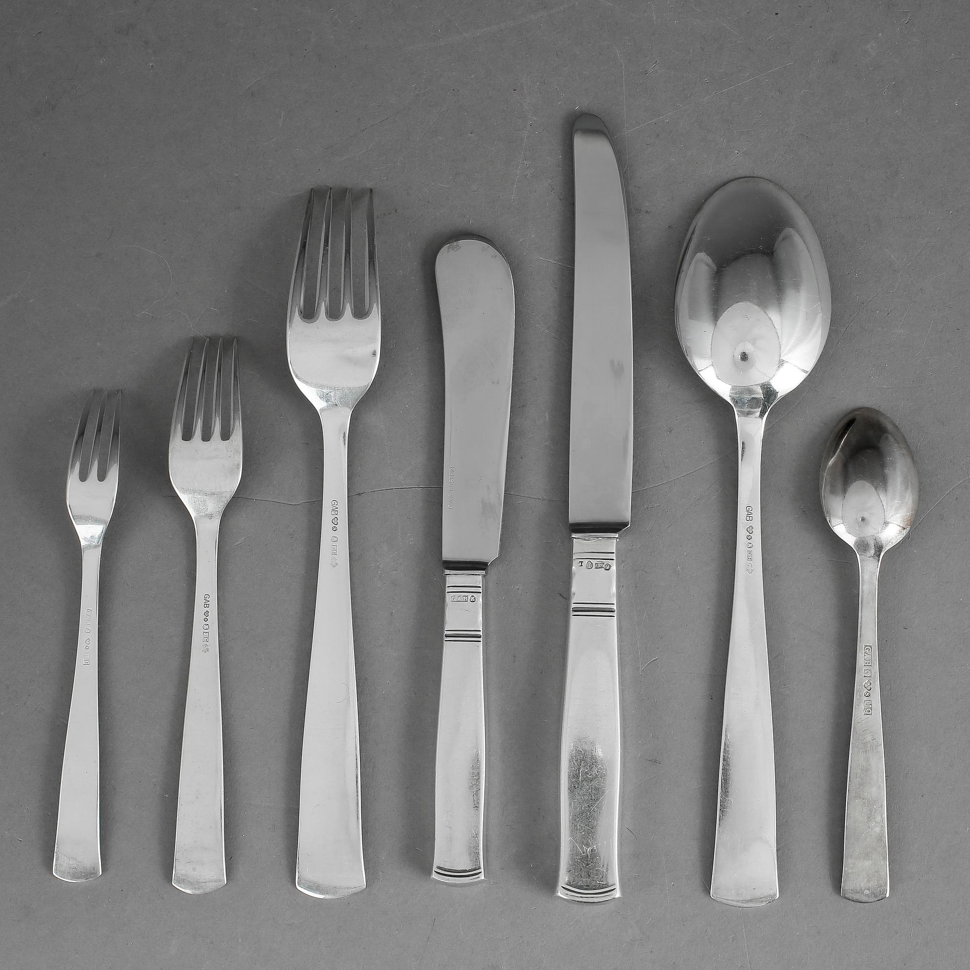 BESTICKSERVIS, 42 delar, silver, "Rosenholm", GAB, Stockholm, 1950-/60-/70-tal. Vikt exkl delar med metallblad ca 1067g.