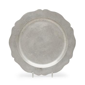 A Rococo pewter dish by S Marnel 1764.