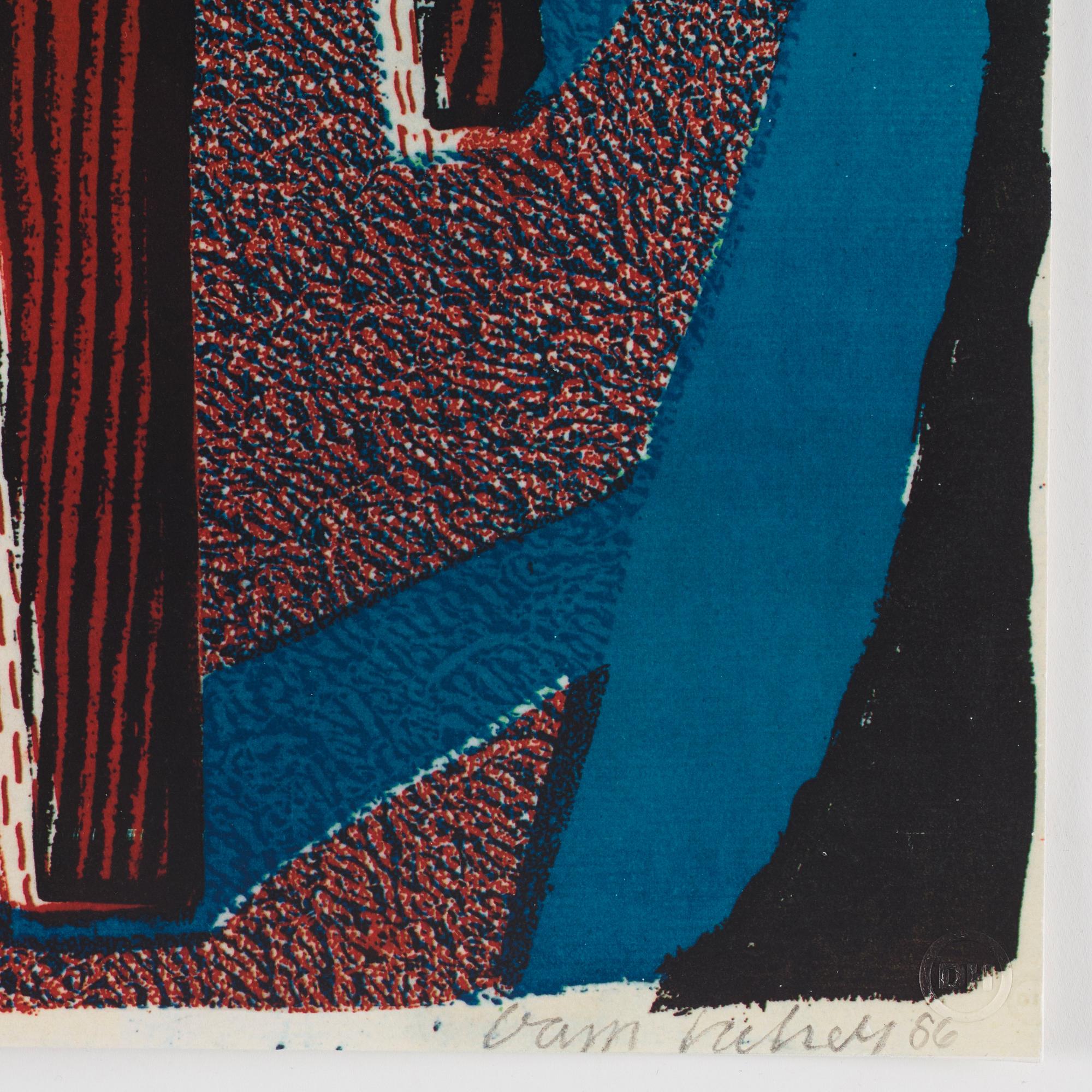 David Hockney, "Flowers, apple and pear on table".