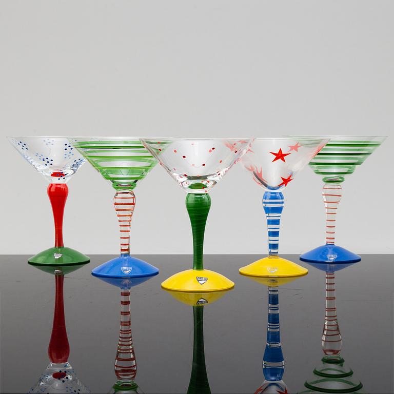 Twelve handpainted and signed 'Clown' martini glasses by Anne Nilsson, Orrefors.