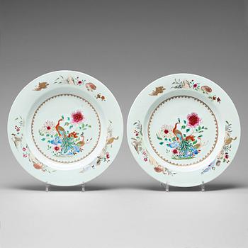 717. A pair of famille rose 'double peacock' dishes, Qing dynasty, Qianlong (1736-95).