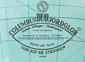 JORDGLOB, Columbus Duo jordglob Ivar Asp AB, Stockholm import, 1950-tal.