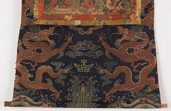 Thangka, grön Tara, tusch och färg på duk. Tibet, 1800-tal.