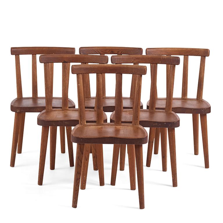 Axel Einar Hjorth, a set of six stained pine 'Utö' chairs, Nordiska Kompaniet, Sweden 1930s.