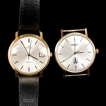 HERRARMBANDSUR, 2 st, 18k resp 14k guld, Omega resp Tissot.