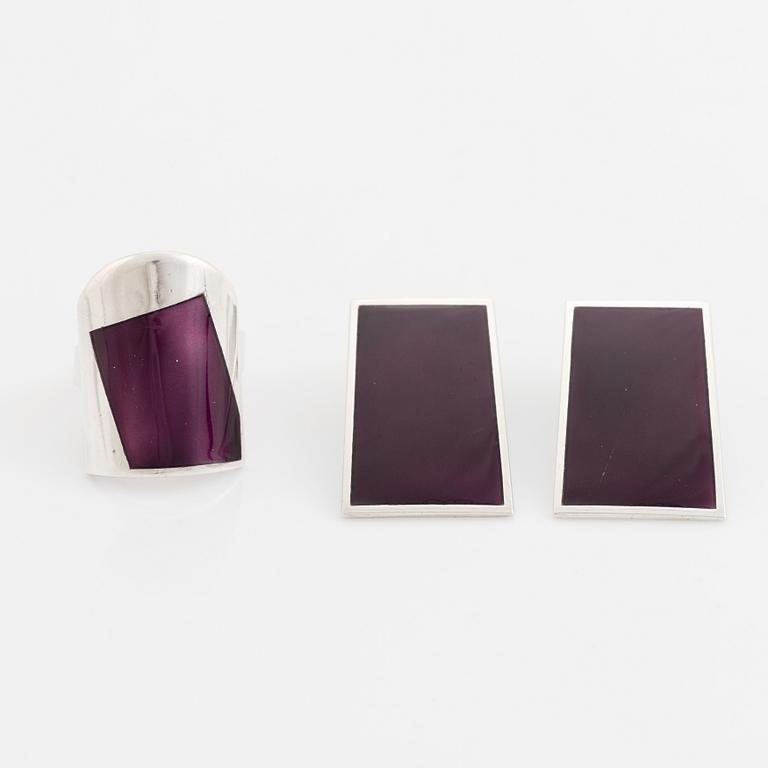 Marianne Berg, David Andersen, ring and earrings, sterling silver and purple enamel. 1960-70's.