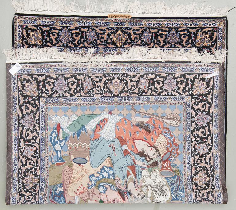 A figural part silk Esfahan rug, signed Saide Atrian. Around 249 x 160 cm.