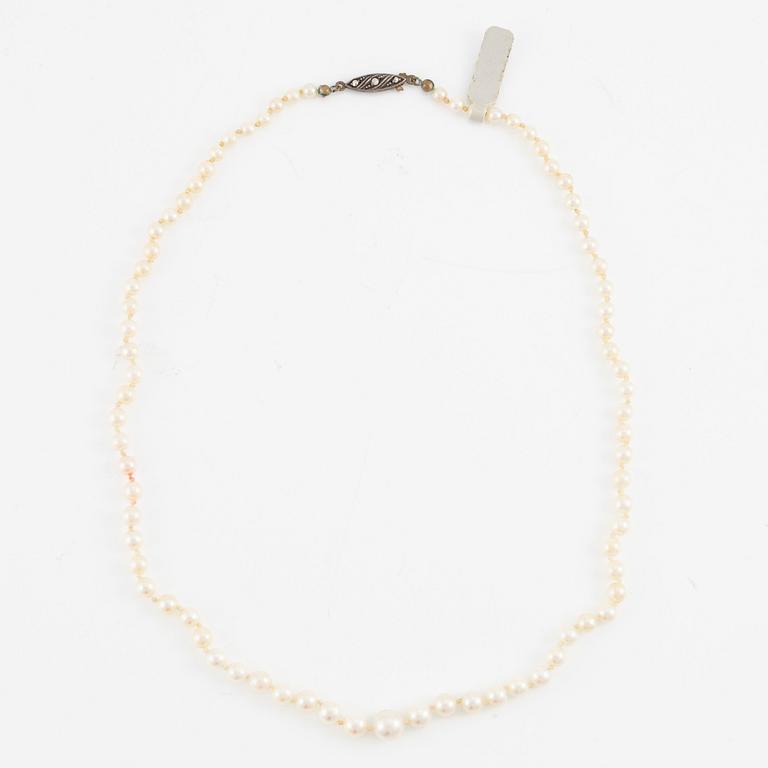 Pearl necklace, two cultured pearls, clasp silver.