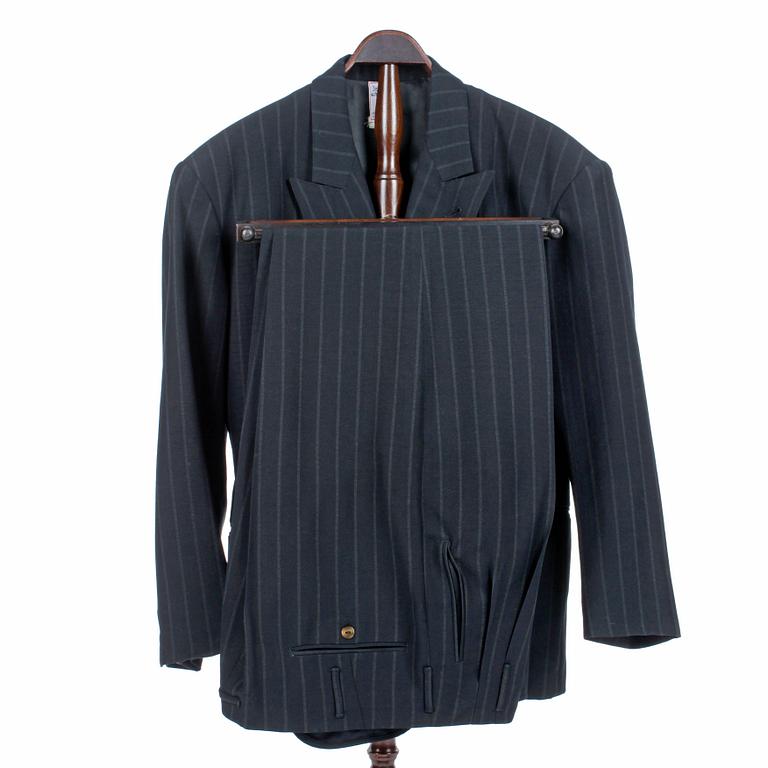 JEAN-PAUL GAULTIER, a black woolblend pinstriped men's jacket and pants. Size 50.