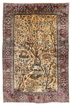 395. A pictoral silk Kashan 'Mohtasham' rug, c. 195 x 130 cm.