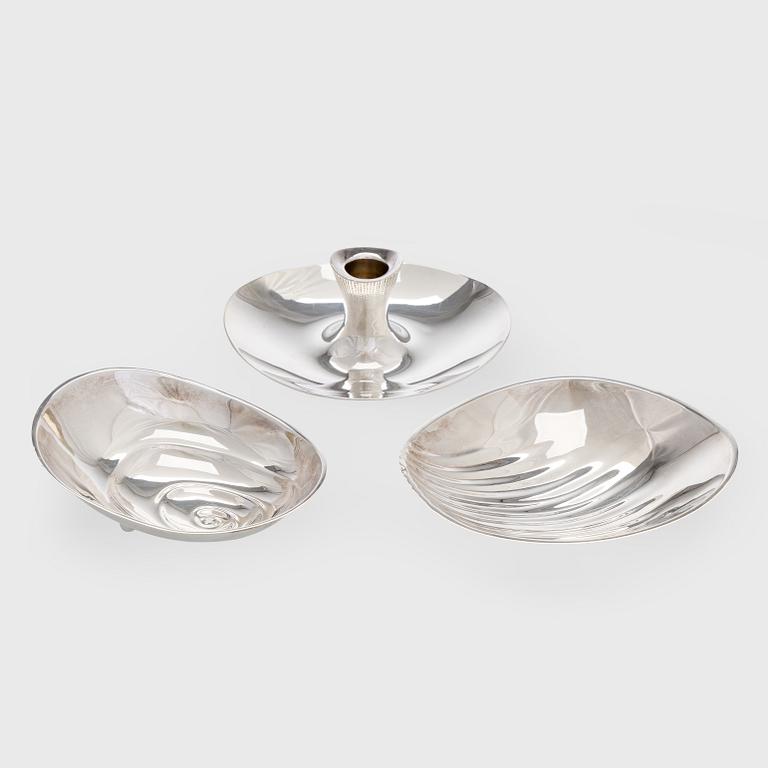 Tapio Wirkkala, Two silver bowls and a silver candlestick, Hopeatehdas, Helsinki, 1958 and 1961.