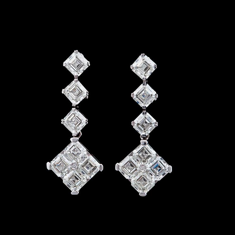 A pair of assher cut diamond, total carat weight 11.97 cts G-H/VVS, earrings.
