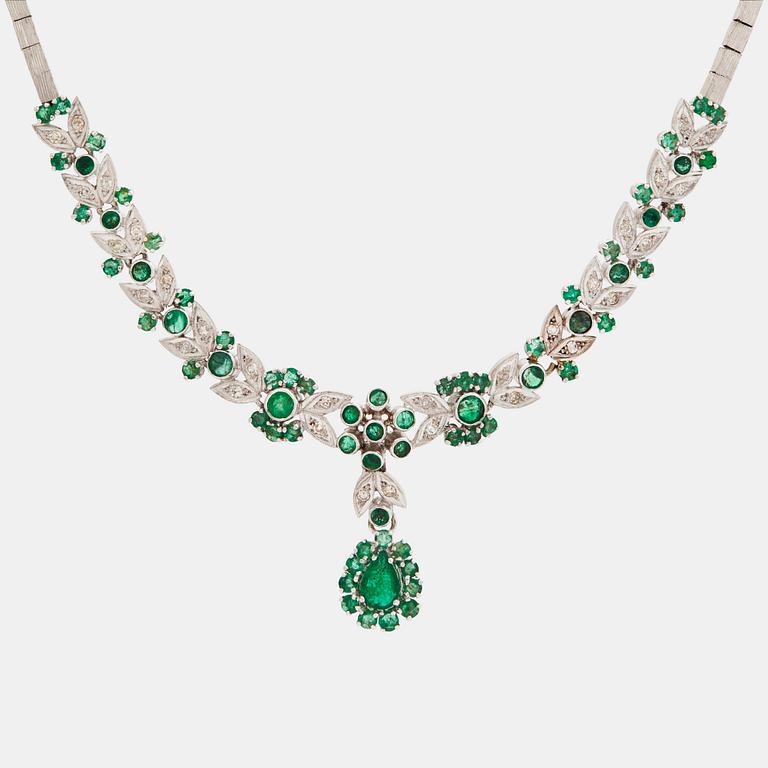 A pear- round- mixed cut emerald and eight cut diamond necklace. 1970's.