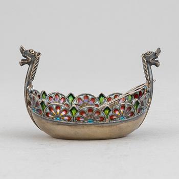 A norwegian silver and window enamelling salt cellar, mark of David Andersen, Oslo circa 1900.