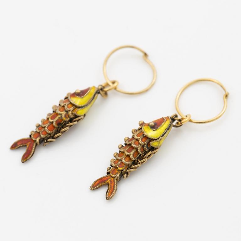 Silver earrings with enamel in the shape of fish.