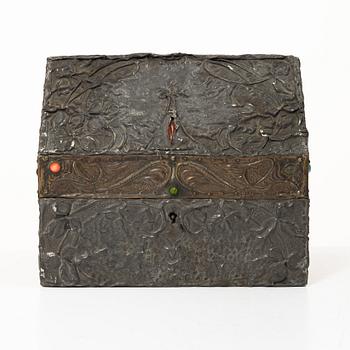 A pewter and copper jewellery box,  with inlaid stones, France, probably circa 1900.