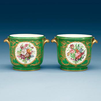 727. A pair of green Sèvres wine coolers, 18th Century. Possibly decorated later.