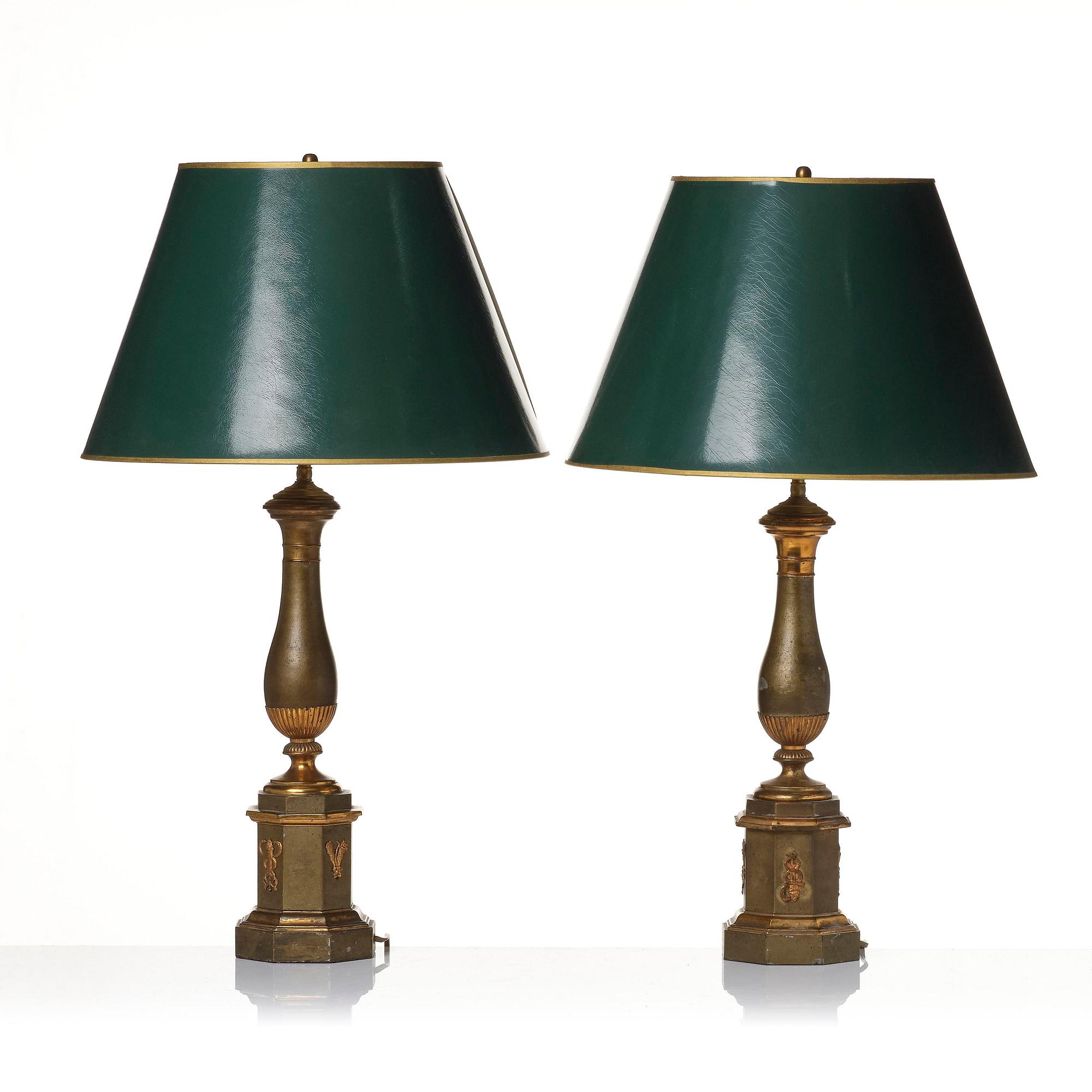 A pair of presumably French tole and brass table lamps, mid 19th century.