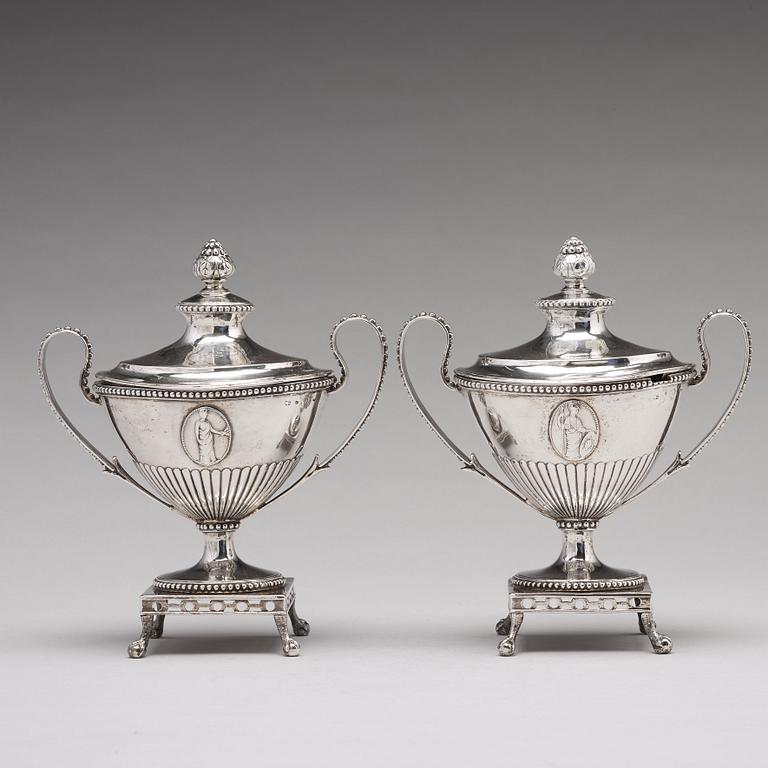 A pair of Swedish 18th century silver sugar-bowls and covers, mark of Johan Ekholm, Stockholm 1792.