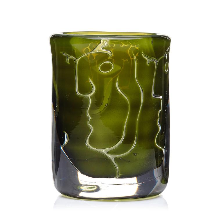 Ingeborg Lundin, a green ariel vase "Ansikten" (Faces), Orrefors, Sweden 1986.