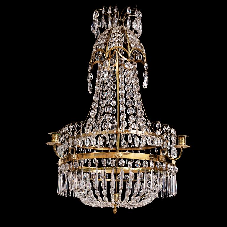 A late Gustavian gilt-brass and cut-glass five-light chandelier, Stockholm, late 18th century.