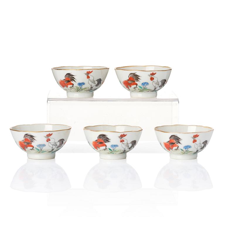 A set of five 'rooster' cups, early 20th Century, Daoguang seal mark in red.