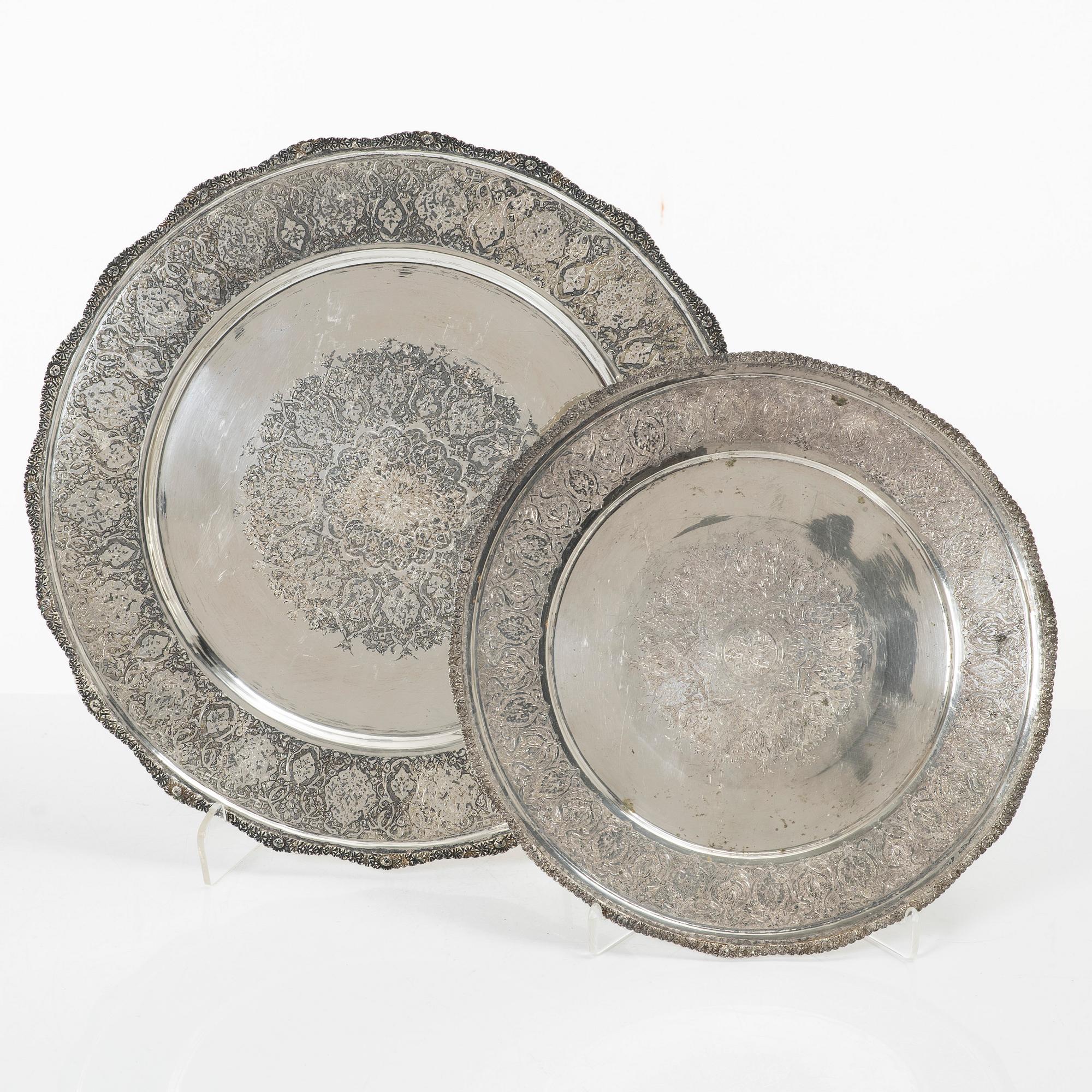 Two Persian silver trays, 20th century.