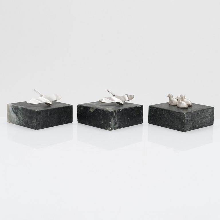 Pekka Piekäinen, three minitaure sculptures in sterling silver on stone sockets, 1980s.