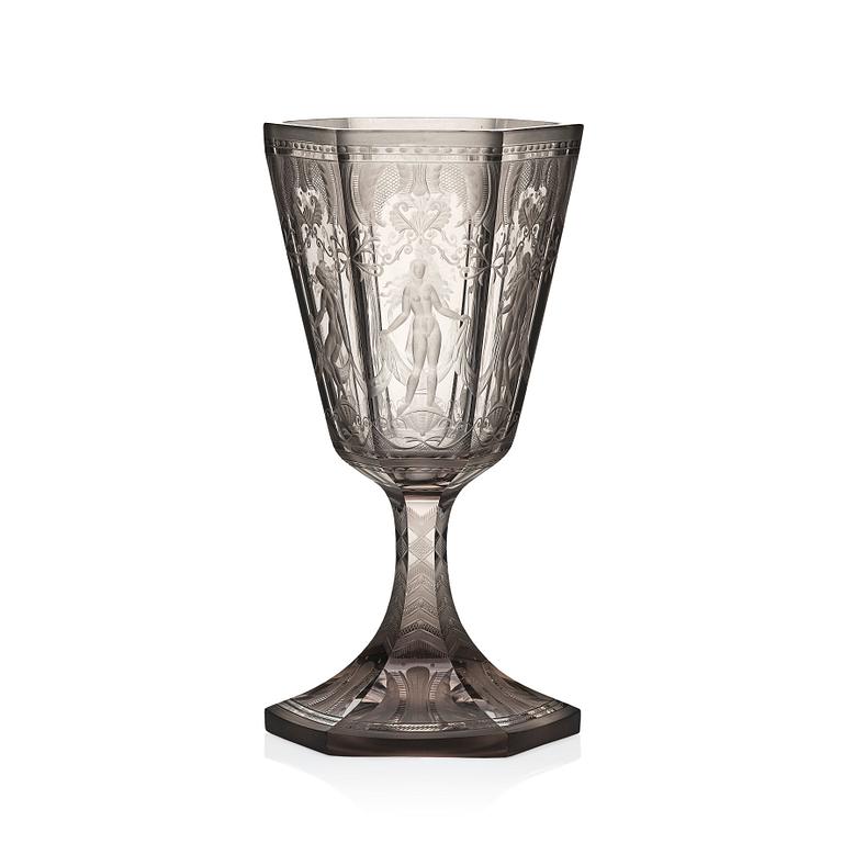 Simon Gate, a Swedish Grace engraved glass goblet 'Sex gracer', Orrefors 1929, model 154.