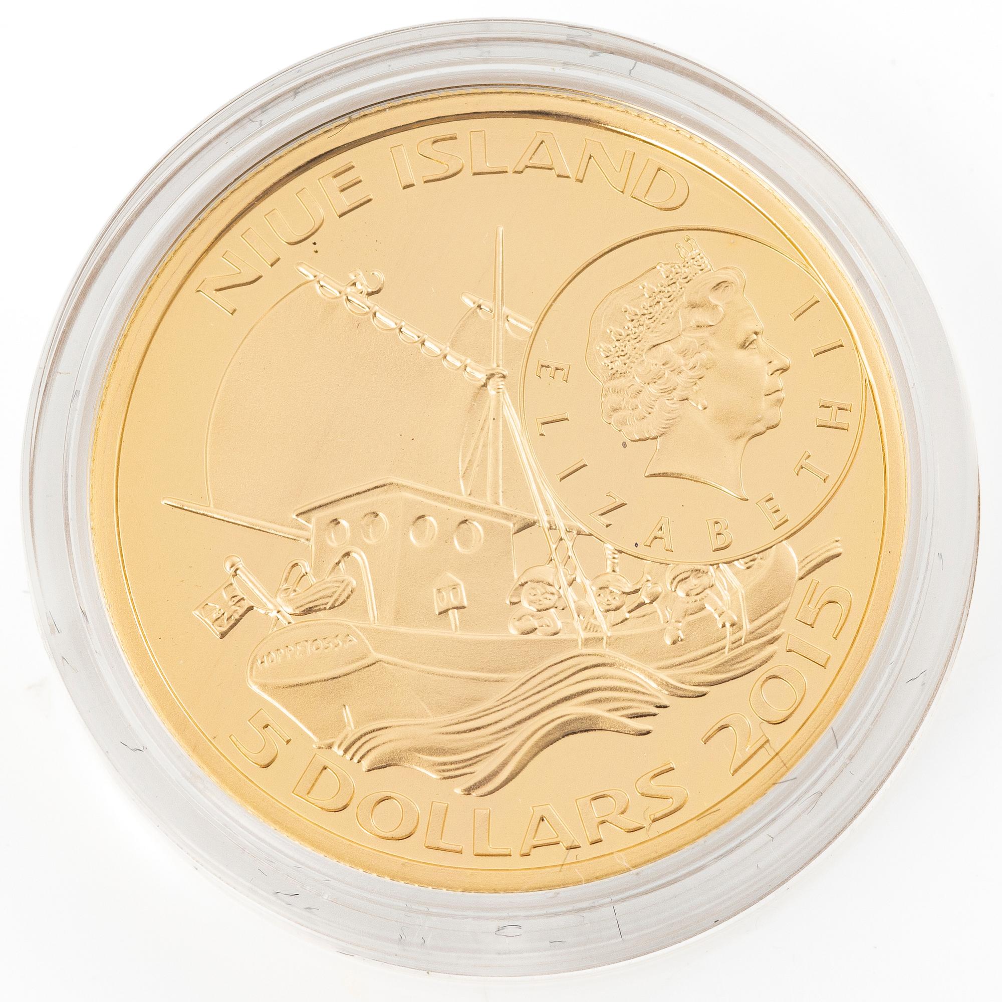 Gold coin, 21,6 karat, Pippi in the South Seas, 5 Niue dollars, Mynthuset.