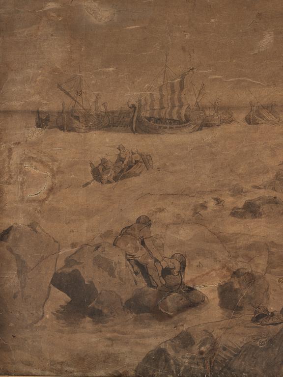 August Malmström och Hans Gude, tuschlavyr på brunt papper förhöjd med vit gouache, signerad Hans Gude och A. Malmström.