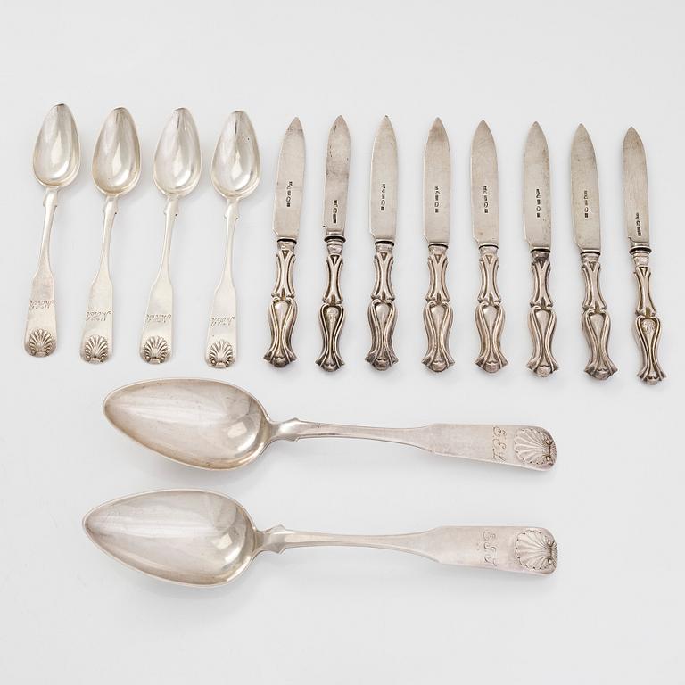 A set of 14 silver fruit knives and spoons, makers' marks of J.I. Åkersten and G.W. Mansner, Pori Finland 1844-1891.