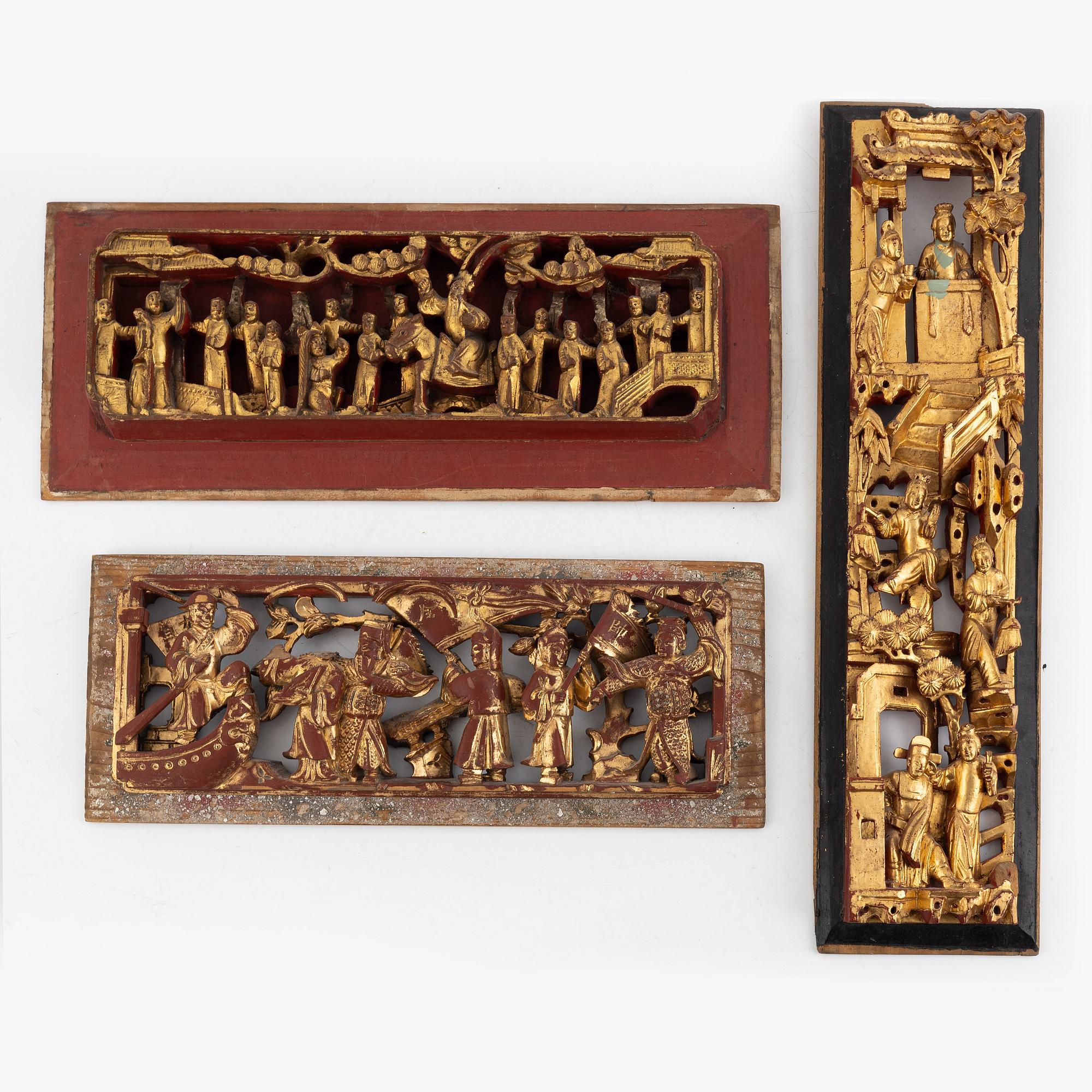 Three wooden panels, China, late Qing dynasty and early 20th century.