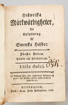 BOK, "Historiska Märkwärdigheter til Uplysning af Swenska häfder" 1-4, av Samuel Loenbom, Stockholm 1768.