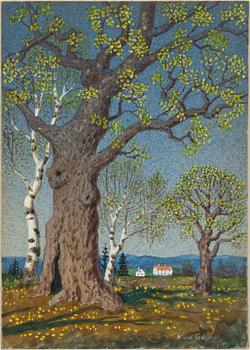 Oskar Bergman, Somrigt landskap med träd och hus.