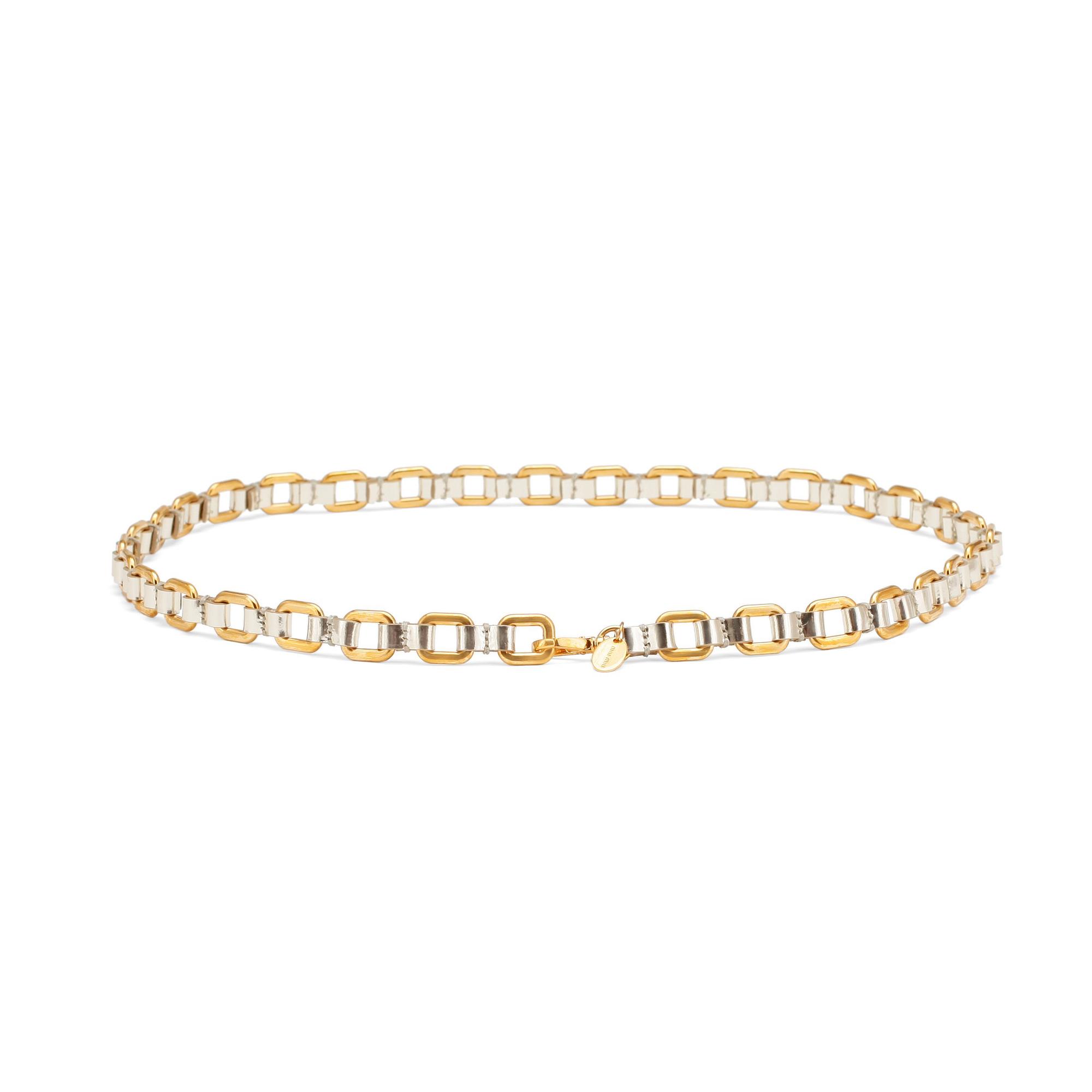 MIU MIU, silver colored patent-leather skinny belt with gold colored chaines.