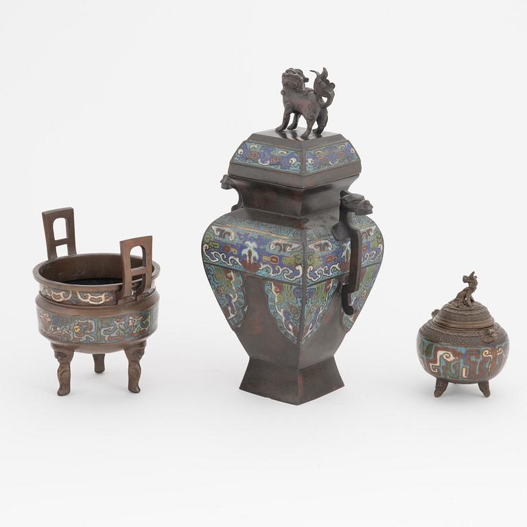 Two Japanese cloisonné censer and a large vase with cover, Meiji period (1868-1912).