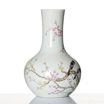 A famille rose 'mag-pies and prunus' vase, late Qing dynasy/Republic with Yongzheng mark.