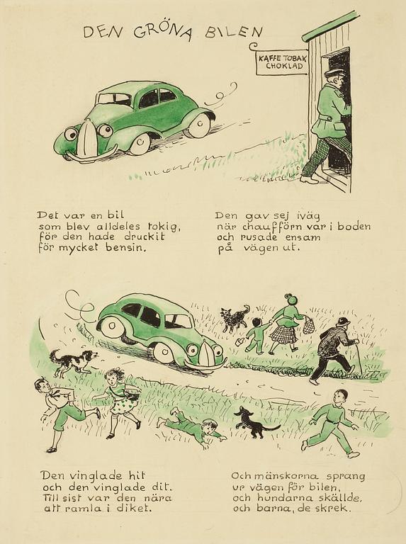 Elsa Beskow, The red bus and the green car. Illustrated children's story by Elsa Beskow.