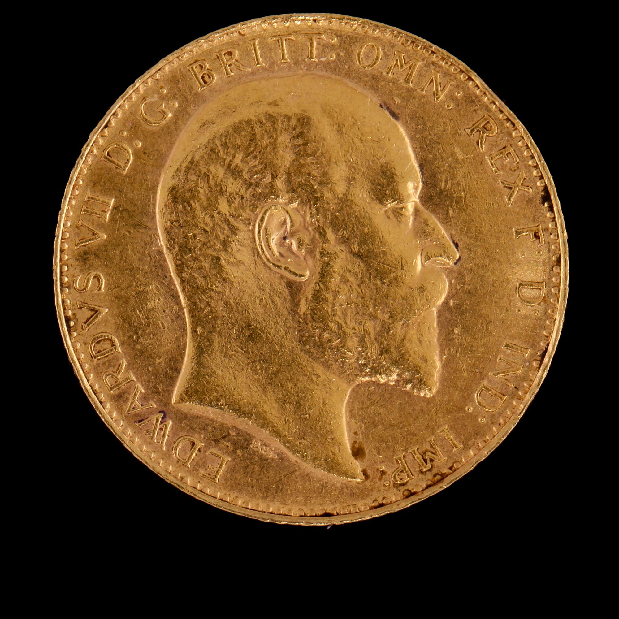 GULDMYNT, sovereign, Eward VII, Storbritannien, 1908. Vikt 8 g.