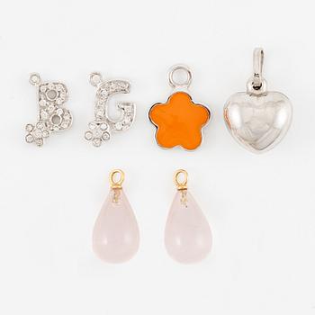 Four pendants with diamonds, and a pair of earrings with rose quartz, 18K gold and white gold.
