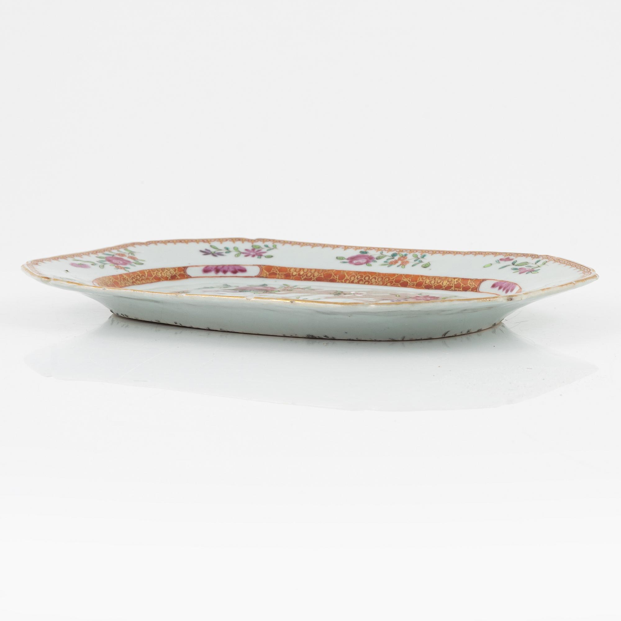 A famille rose dish, sauce boat and bowl, Qing dynasty, 18th Century.