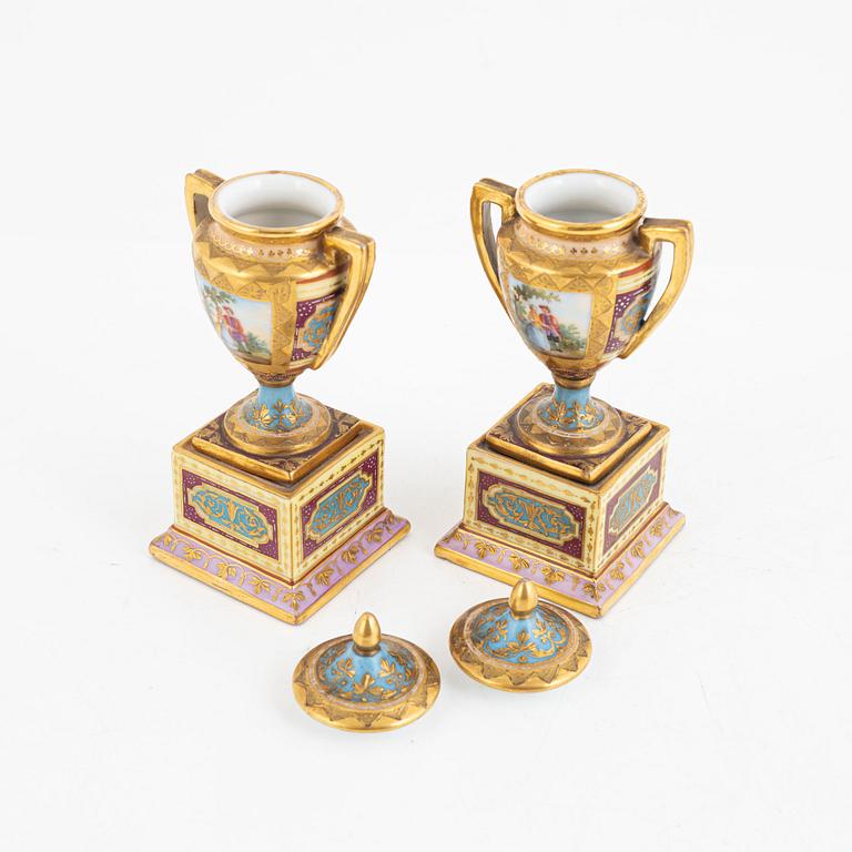 A pair of miniature urns, Vienna-style mark, circa 1900.